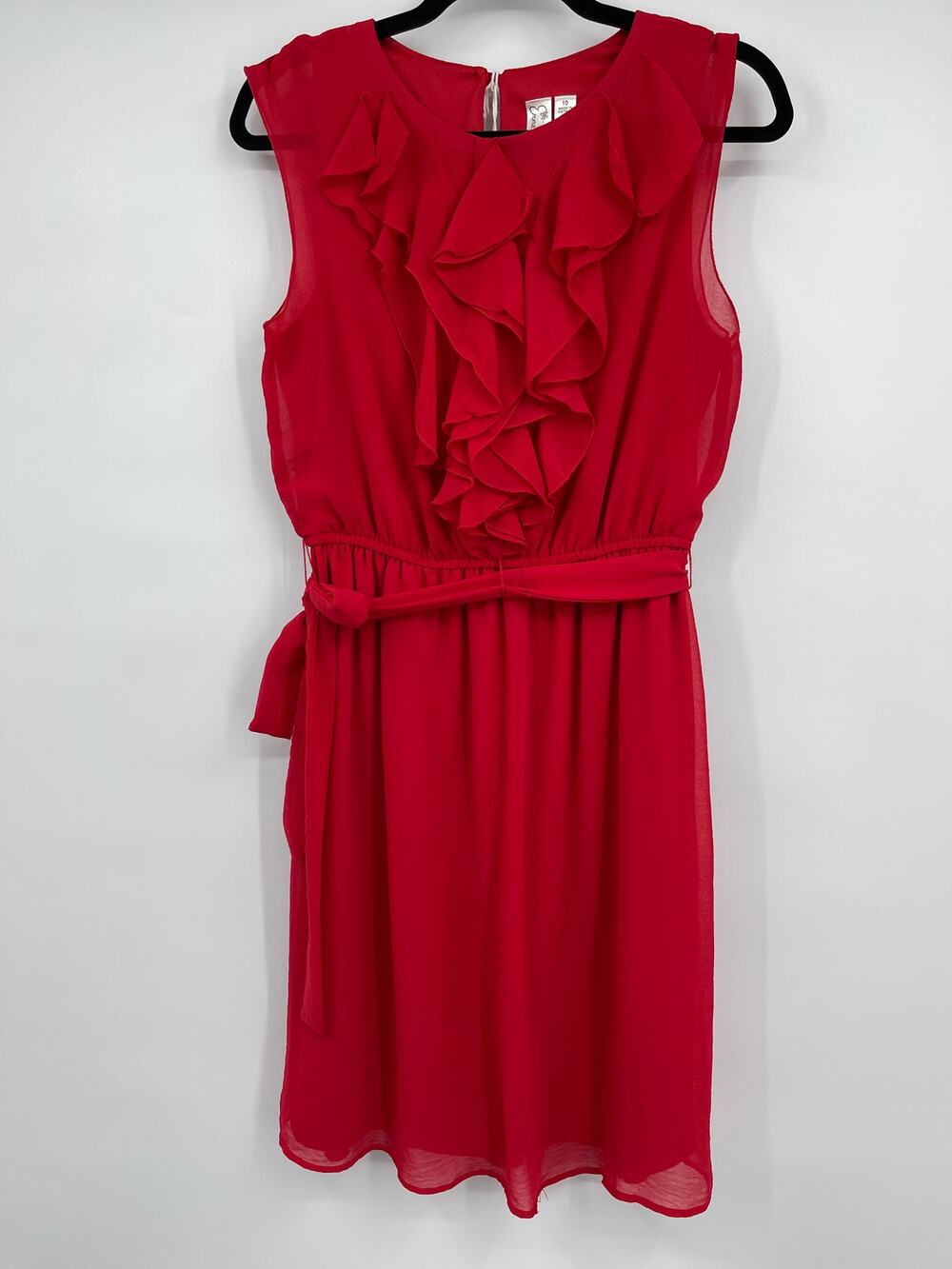 Emma & Michele Womens Ruffle Front Belted Dress Round Neck Red Size 10